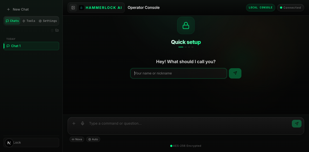 HammerLock AI v0.4 operator console showing local setup